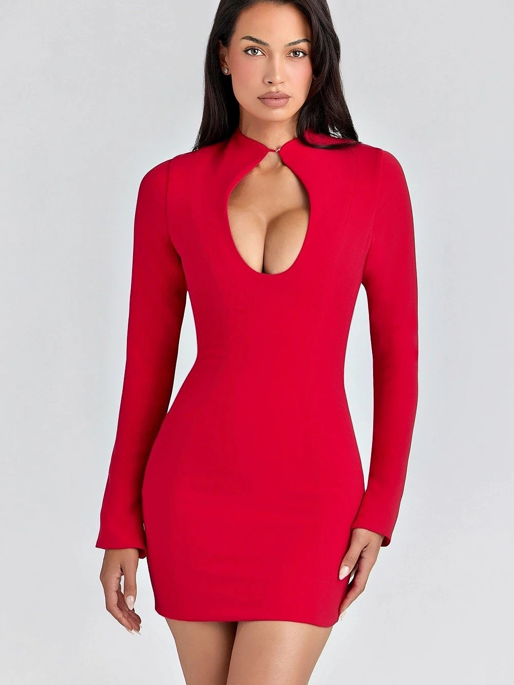 House of CB Lotus Red Crepe Keyhole Silhouette Mini Dress